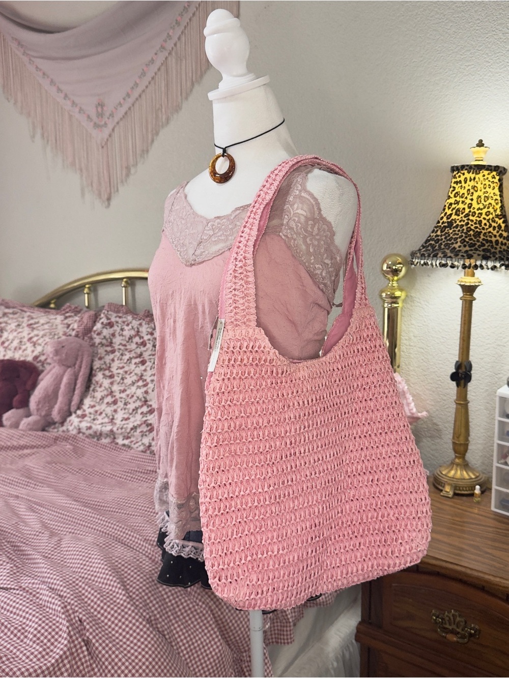 Pink Crochet Tote Bag for Women